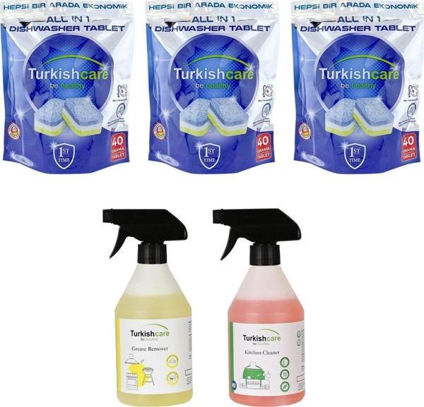 Turkishcare Bulaşık Makinesi Tableti 40 lı x 3 Ad + Yağ ve Mutfak Temizleme Spreyi  500 ml x 2 Adet  - Image 1