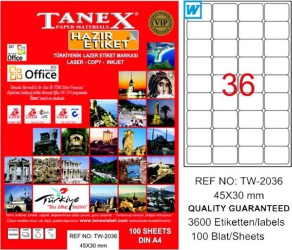 Tanex Lazer Etiket 100 Yaprak 45x30 Laser-Copy-Inkjet TW-2036 (20 Paket) - Image 1