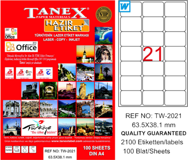Tanex Lazer Etiket 100 Yaprak 63x38 MM Laser-Copy-Inkjet TW-2021 (20 Li Paket) - Image 1