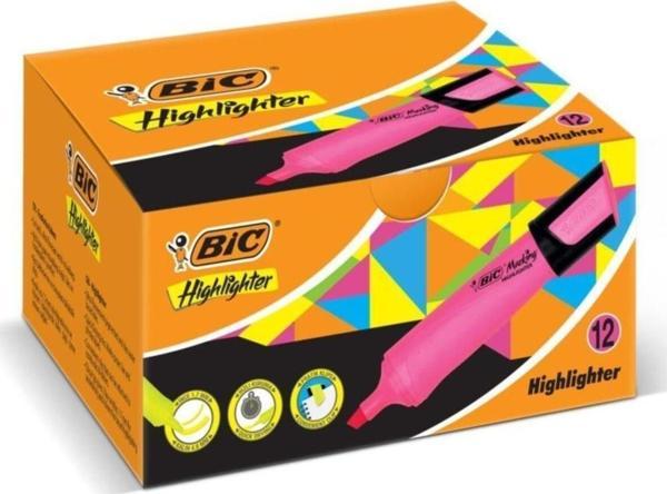 Bic Marking Highlighter Flat Fosforlu Kalem Pembe (12 Li Paket) - Image 1