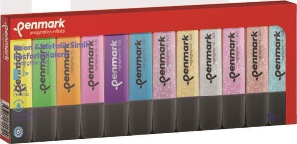Penmark Fosforlu Kalem 12 Li Karışık Renk 6 Neon + 6 Simli Fosforlu Kalem - Image 1