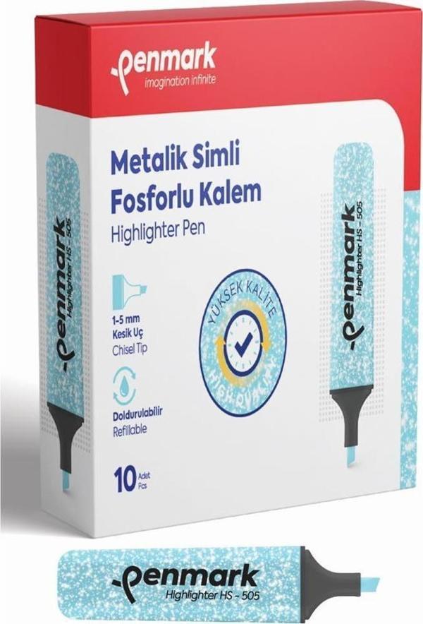Penmark Fosforlu Kalem Metalik Simli Açık Mavi 1-5 MM Kesik Uçlu İşaretleme Kalemi (10 Lu Paket) - Image 1