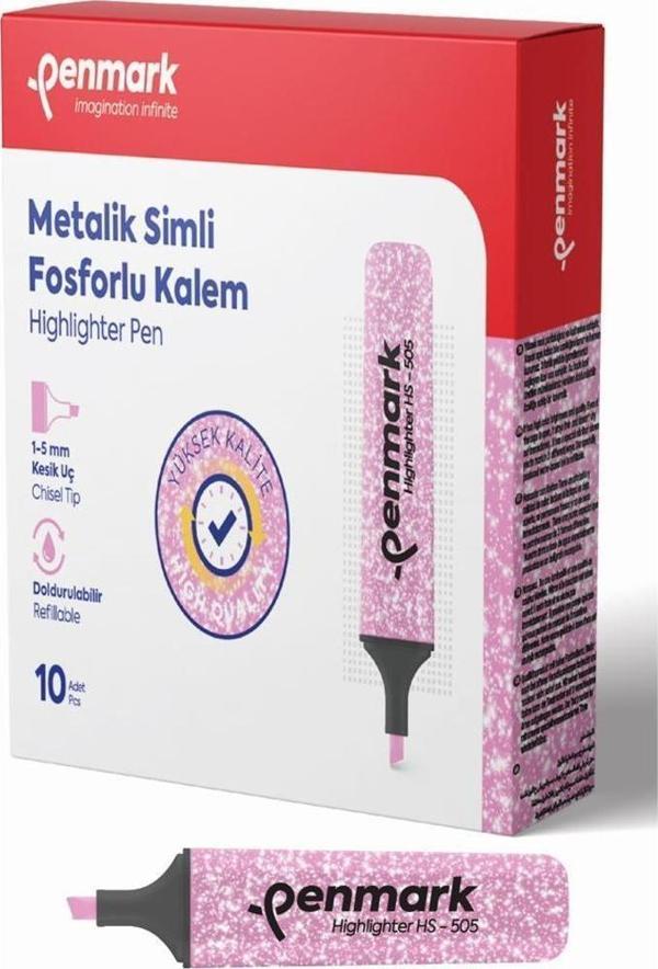 Penmark Fosforlu Kalem Metalik Simli Gülpembe 1-5 MM Kesik Uçlu İşaretleme Kalemi (10 Lu Paket) - Image 1
