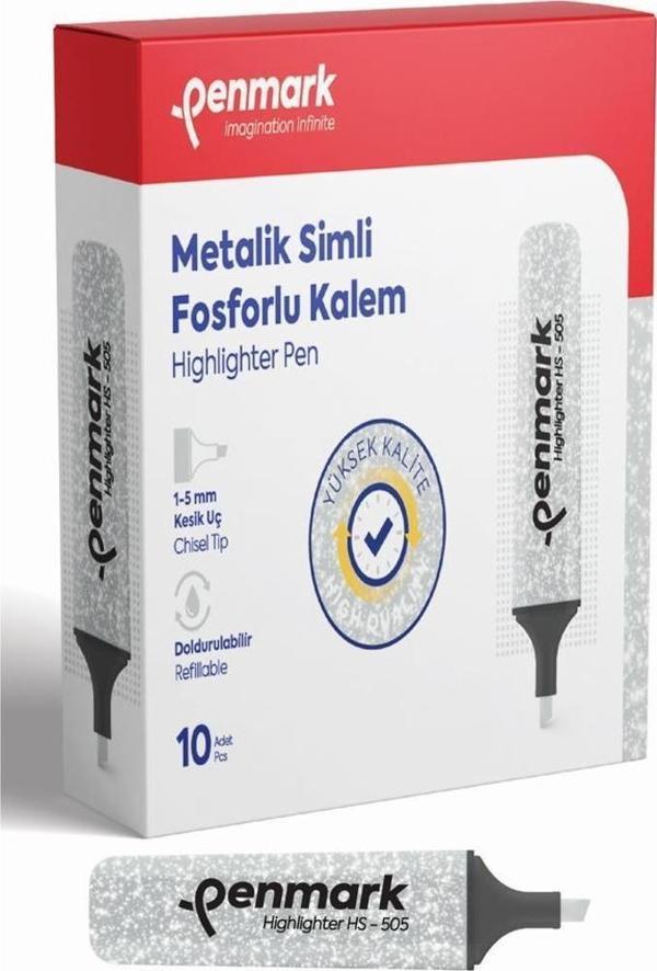 Penmark Fosforlu Kalem Metalik Simli Gümüş 1-5 MM Kesik Uçlu İşaretleme Kalemi (10 Lu Paket) - Image 1