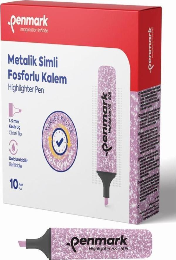 Penmark Fosforlu Kalem Metalik Simli Pembe 1-5 MM Kesik Uçlu İşaretleme Kalemi (10 Lu Paket) - Image 1