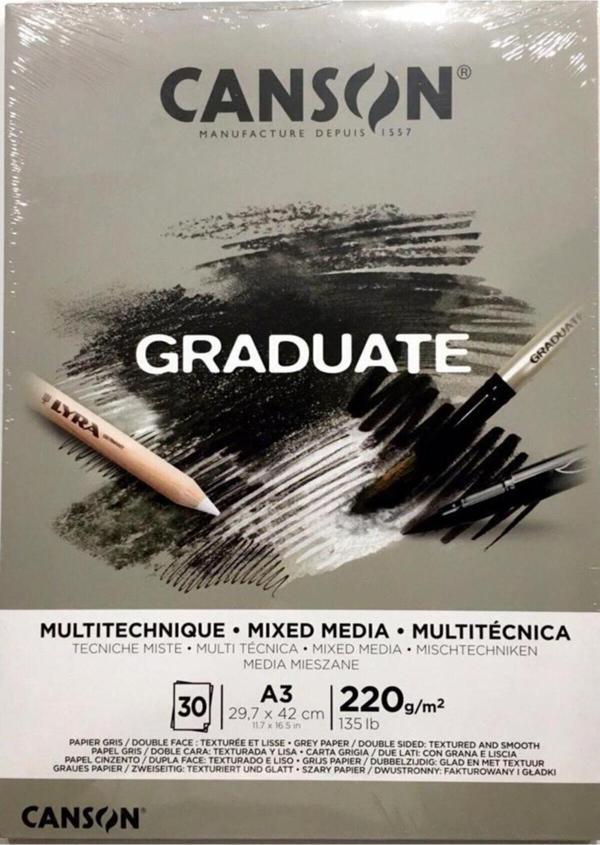 Canson Çizim Bloğu Graduate Mıx Medıa Gri 30 Yaprak A3 220 Gram - Image 1