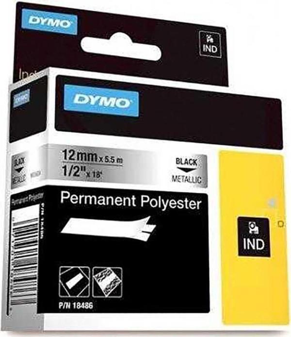 Dymo Rhinopro Sabitpolyester 12 mm x 5.5 metre Metalik Gri/Siyah 18486 - Image 1