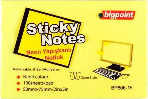 Bigpoint Yapışkanlı Not Kağıdı 75 mm x 50 mm Neon Sarı 100 Yaprak (12 Li Paket) - Image 1