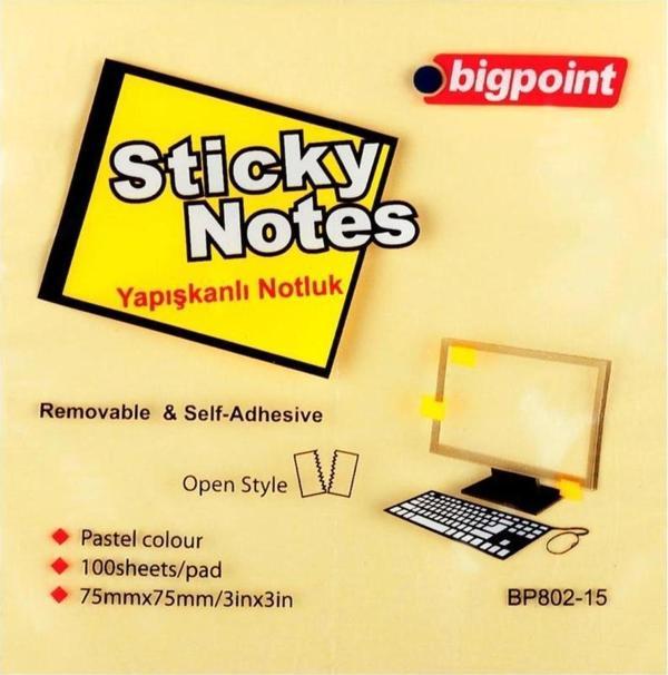 Bigpoint Yapışkanlı Not Kağıdı 75 mm x 75 mm Sarı 100 Yaprak (12 Li Paket) - Image 1