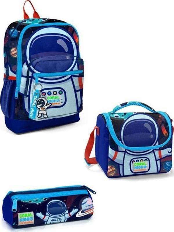 Coral High Kids Saks Mavi Astronot Desenli 3’lü Okul Çanta Seti - Image 1