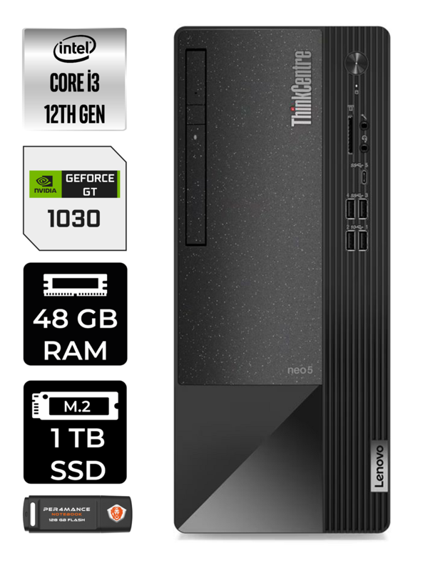 Lenovo NEO 50T i3 12100 48GB RAM 1TB SSD GT1030/4GB W11HOME 11SC001ATX MASAÜSTÜ PC & PER4 BELLEK - Image 1