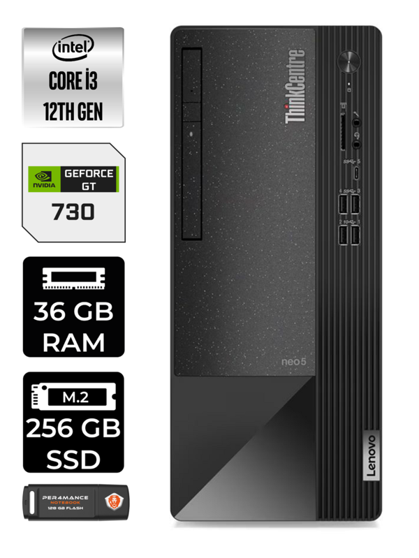 Lenovo NEO 50T i3 12100 36GB RAM 256GB SSD GT730/2GB FDOS 11SC001ATX MASAÜSTÜ PC & PER4 BELLEK - Image 1