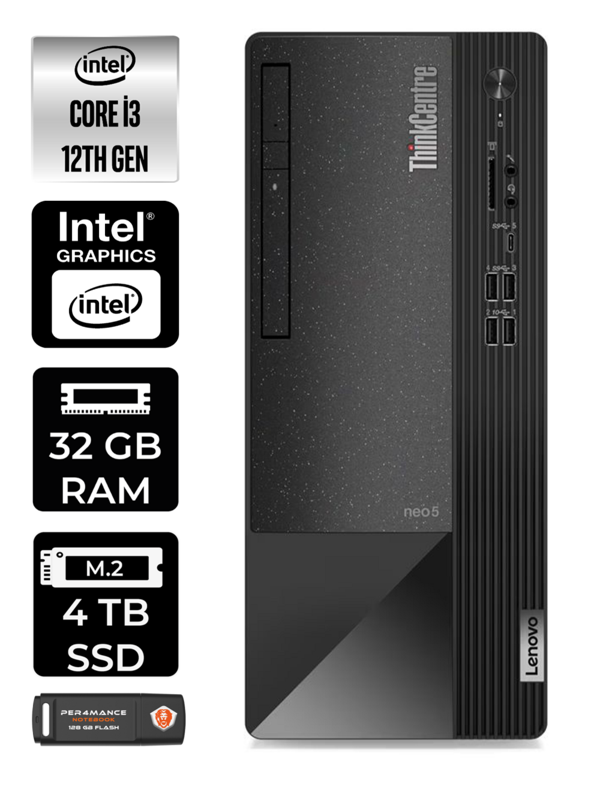 Lenovo ThinkCentre NEO 50T i3 12100 32GB RAM 4TB SSD W11 PRO 11SC001ATX MASAÜSTÜ PC & PER4 BELLEK - Image 1