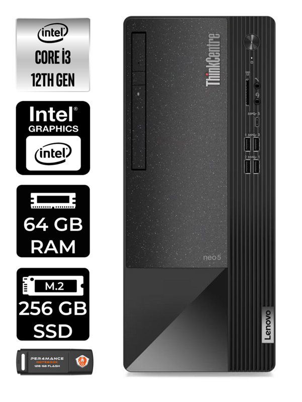 Lenovo ThinkCentre NEO 50T i3 12100 64GB RAM 256GB SSD W11 PRO 11SC001ATX MASAÜSTÜ PC & PER4 BELLEK - Image 1