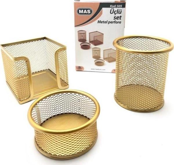 Mas Masa Seti Ataşlık-Kağıtlık-Kalemlik 3 Lü Metal Perforeli Gold Masa Seti - Image 1