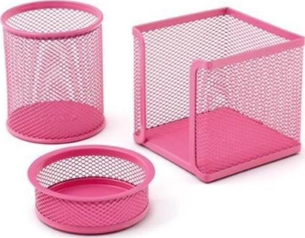 Mas Masa Seti Ataşlık-Kağıtlık-Kalemlik 3 Lü Metal Perforeli Pembe Masa Seti - Image 1