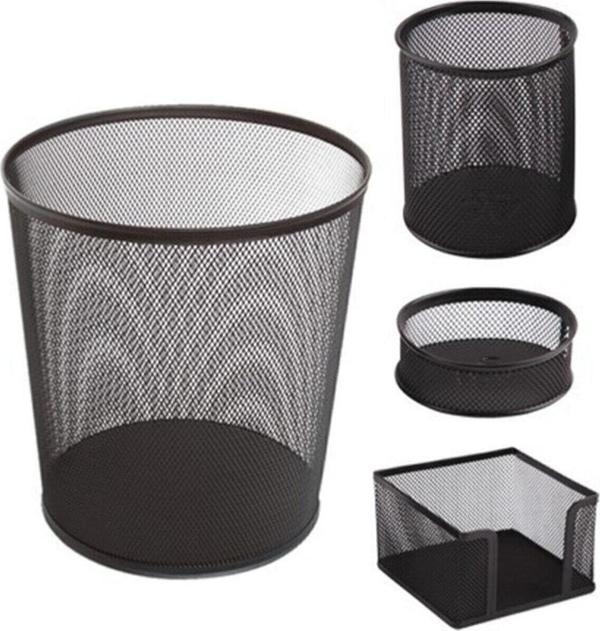Mimaks Metal Ferforeli Ofis Seti 4 Lü Çöp Kovası Kalemlik Küp Notluk ve Ataşlık Siyah - Image 1