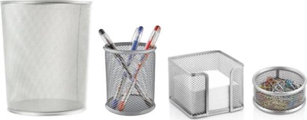 Mimaks Metal Set 4 Lü Metal Ofis Seti Çöp Kovası Kalemlik Küp Notluk ve Ataçlık Gri - Image 1