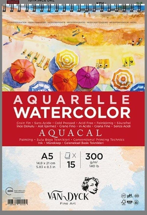 Van Dyck Aquacal İnce Dokulu Coldpress A5 Üstten Spiralli 15 Yaprak Suluboya Blok - Image 1