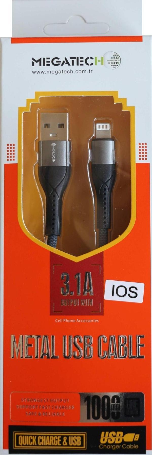 Megatech 3.1A  Örgülü A Serisi IPH7 Data Kablosu Gri-Siyah - Image 1
