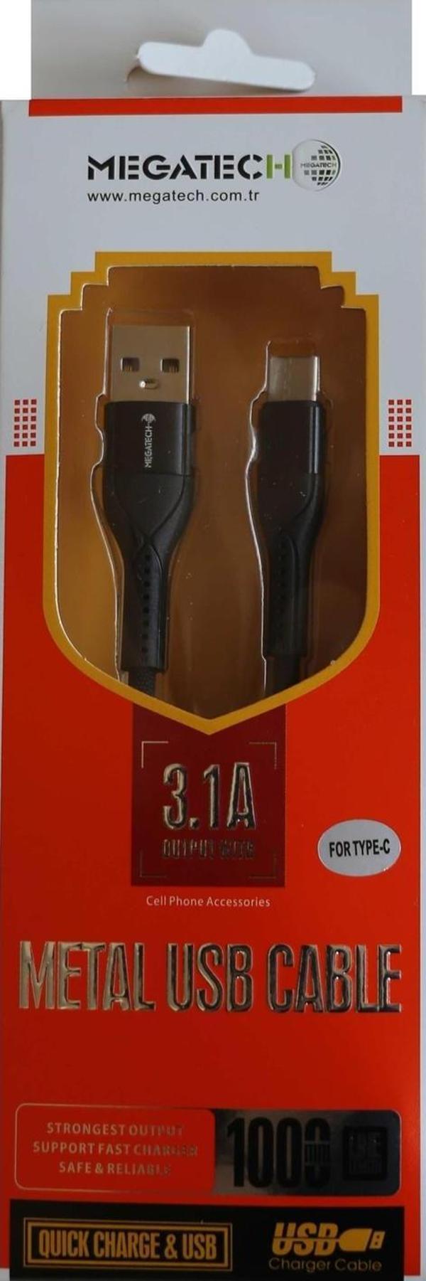 Megatech 3.1A  Örgülü A Serisi Typ-c Data Kablosu Gri-Siyah - Image 1