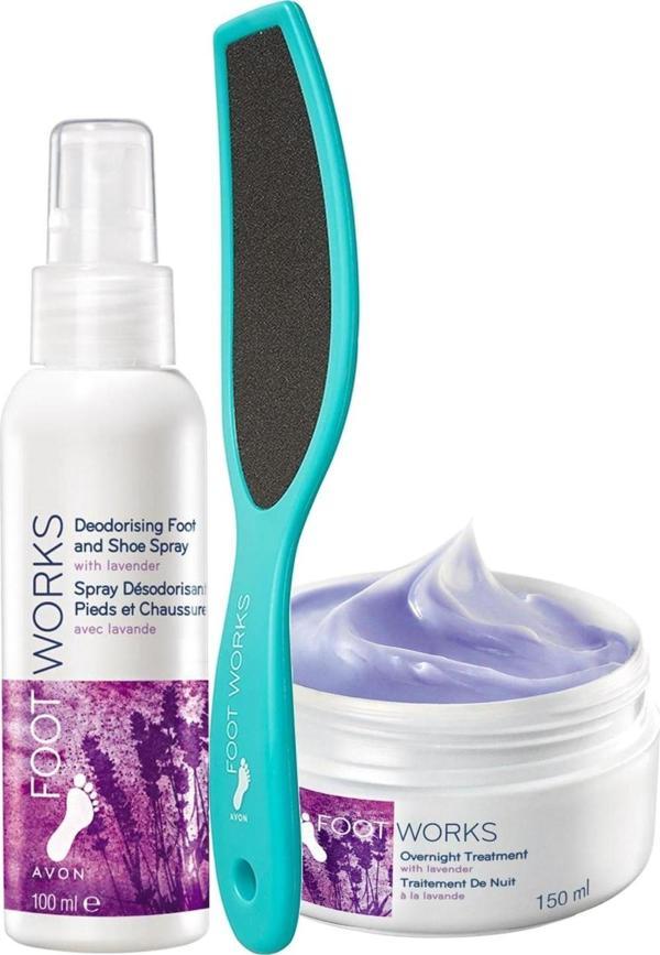 Avon Foot Works Lavanta Özlü Gece Ayak Kremi Ayak Spreyi ve Ayak Törpüsü Paketi - Image 1