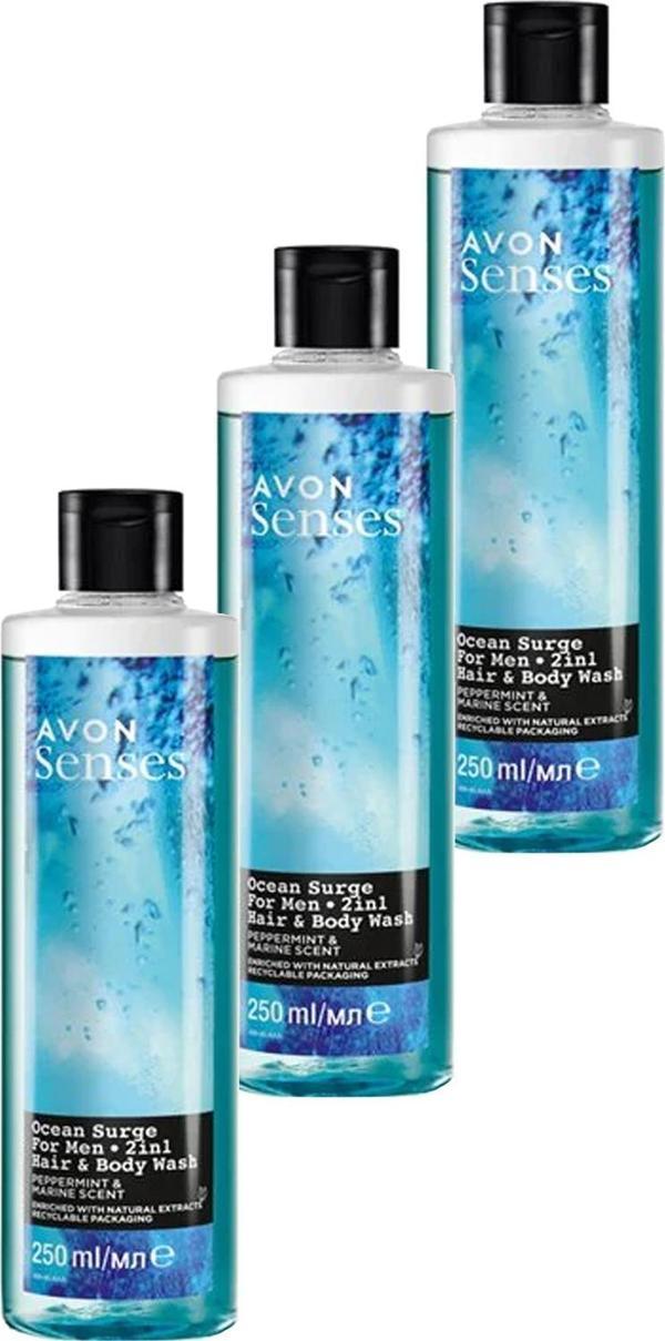 Avon Senses Ocean Surge Nane ve Deniz Kokulu Saç ve Vücut için Erkek Duş Jeli 250 Ml. Üçlü Set - Image 1