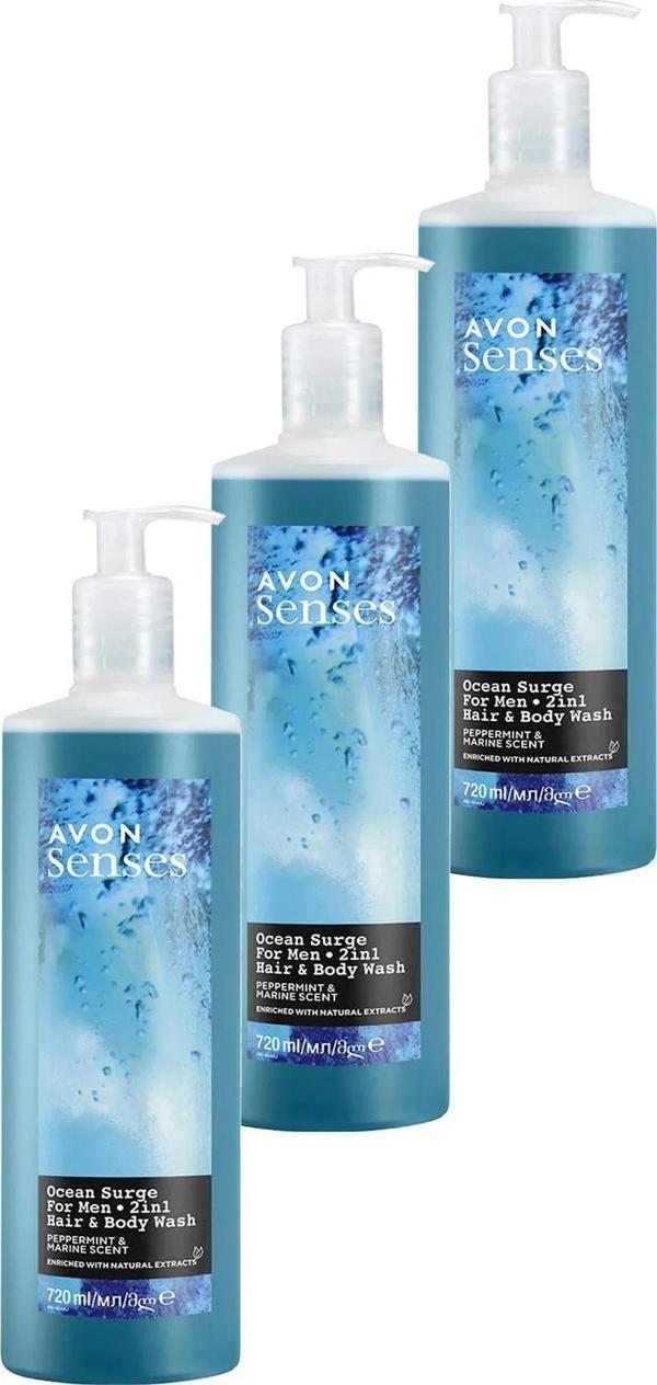 Avon Senses Ocean Surge Nane ve Deniz Kokulu Saç ve Vücut için Erkek Duş Jeli 720 Ml. Üçlü Set - Image 1