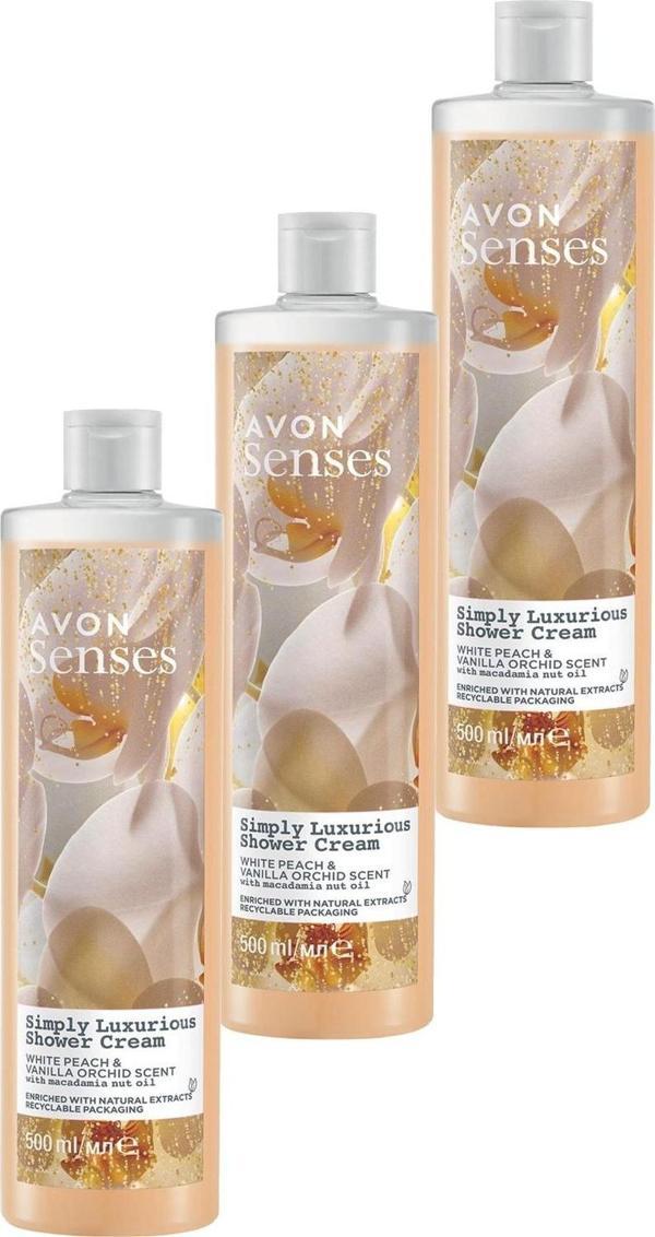 Avon Senses Simply Luxurious Beyaz Şeftali ve Vanilya Kokulu Krem Duş Jeli 500 Ml. Üçlü Set - Image 1