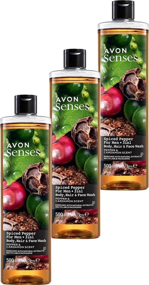 Avon Senses Spiced Pepper Karabiber ve Kakule Kokulu Erkekler için Duş Jeli 500 Ml. Üçlü Set - Image 1