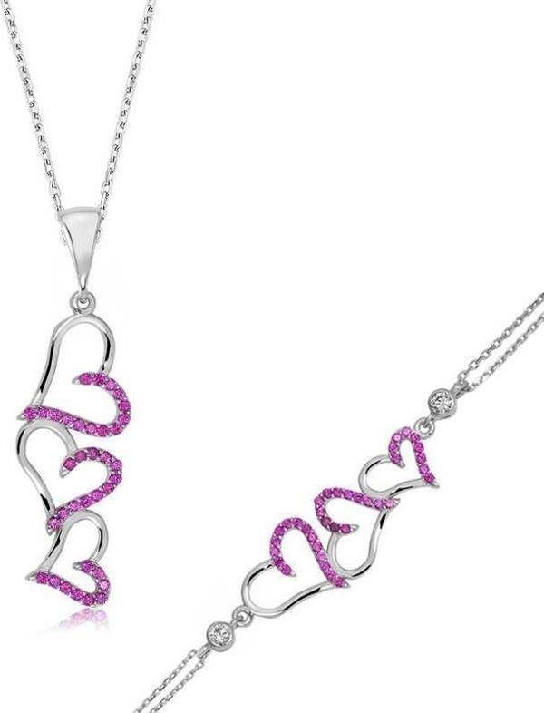 925 Ayar Gümüş Pembe Üç Kalpli Set - Image 1