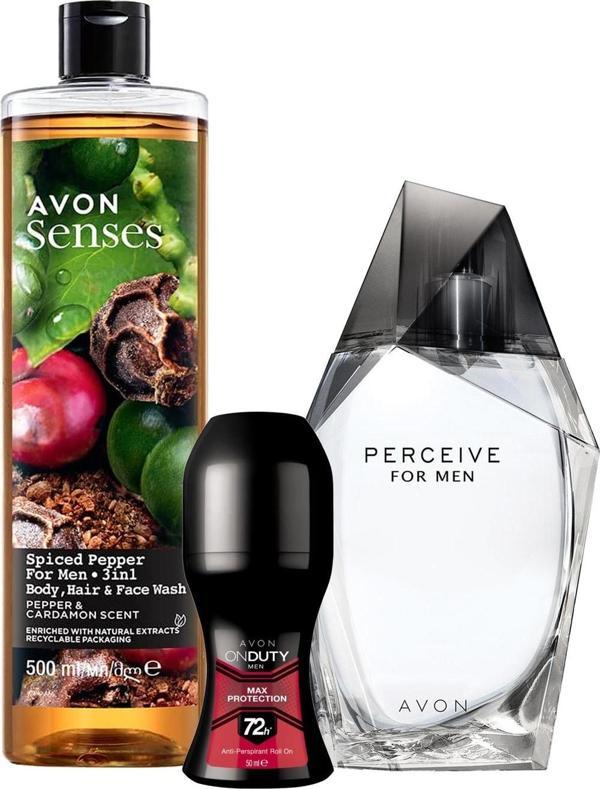 Avon Perceive Erkek Parfüm, Max Protection Rollon ve Karabiber ve Kakule Kokulu Duş Jeli Paketi - Image 1