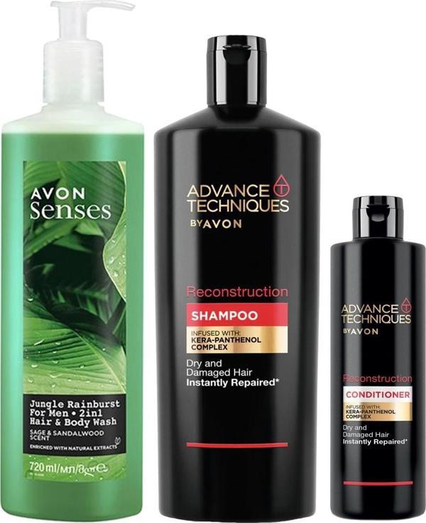 Avon Advance Techniques Onarıcı Şampuan Saç Kremi ve Erkek Saç ve Vücut Şampuanı Paketi - Image 1