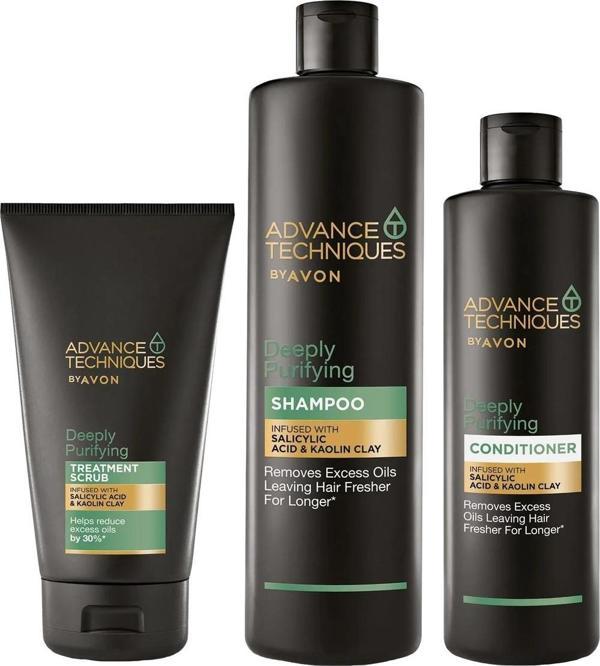 Avon Advance Techniques Yağlı Saçlar için Şampuan Saç Kremi ve Scrub Paketi - Image 1