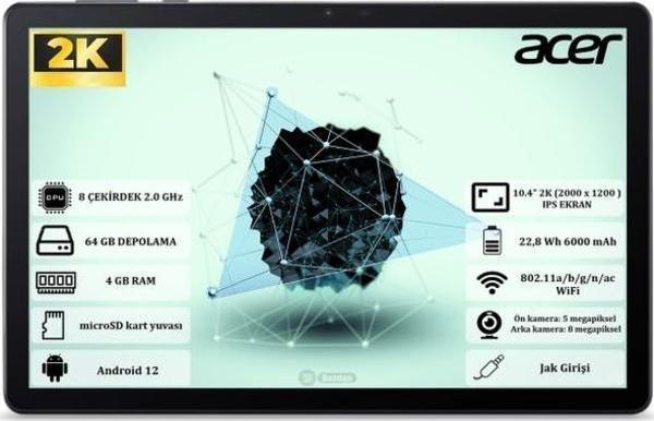Acer Iconia Tab P10 4GB Ram 64GB 10.4" 2K (2000 X 1200) Ips Tablet Nt.Lfqey.001 - Image 1
