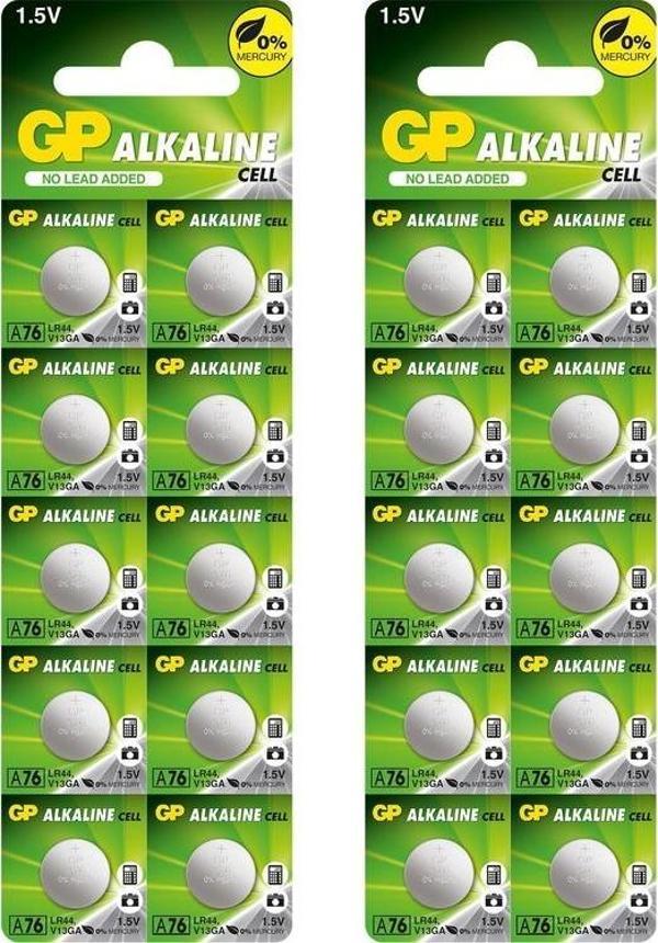 GP Batteries A76 LR44/A76/V13GA/AG13 Boy Alkalin Düğme Pil, 1.5 Volt, 10'lu Kart 2 Adet - Image 1