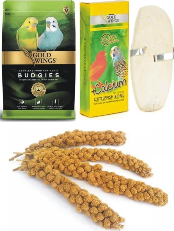 Gold Wings Premium Muhabbet Kuşu Yemi 1 Kg. +kalamar Kemiği + (1 Adet) + Dal Darı (4 Adet) - Image 1