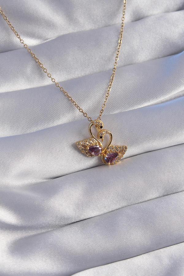 Findit 316L Çelik Zincir Gold Renk Zirkon Taşlı Kuğu Model Kolye - Image 1