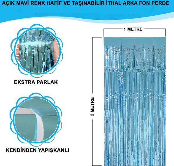 Açık Mavi Renk Ekstra Metalize Parlak Saçaklı Arka Fon Perde İthal A Kalite 1x2 Metre - Image 1