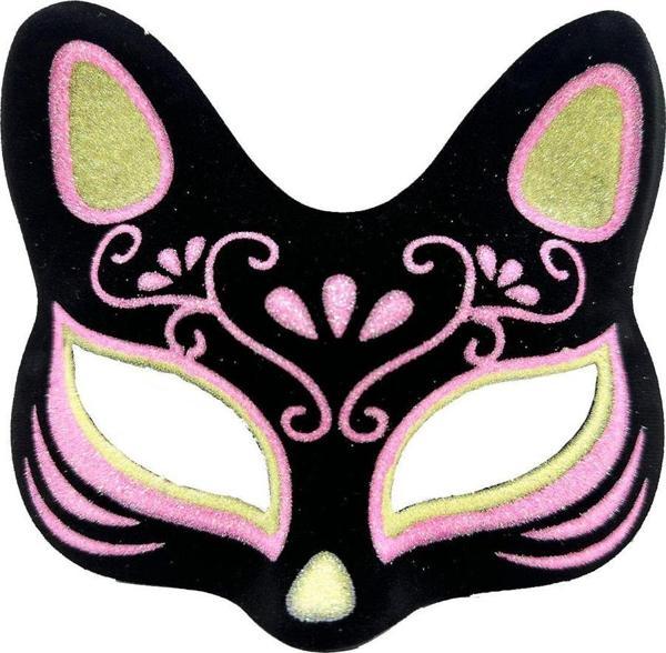 Siyah Renk Süet Kaplama Üzeri Sarı Pembe Simli Kedi Maskesi 17x14 cm - Image 1
