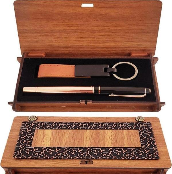 Ahşap Kutulu Bakır Roller Kalem ve Taba Anahtarlık Set - Image 1