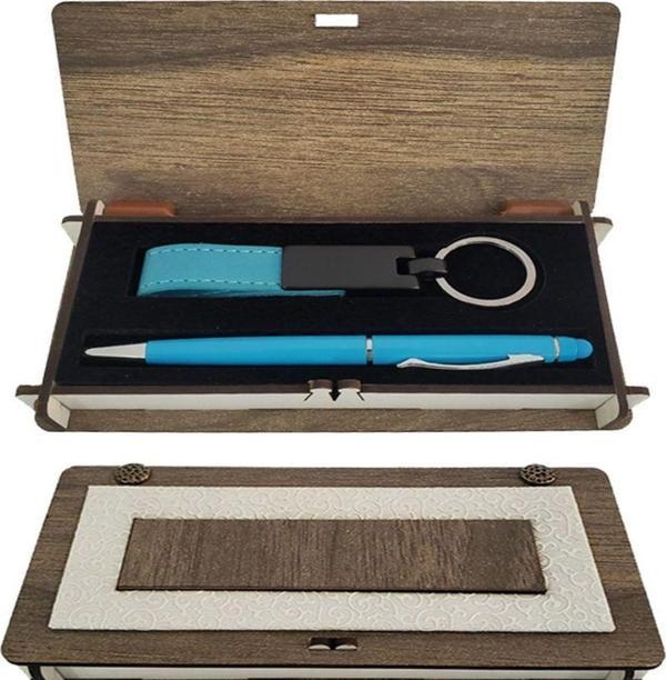 Mavi Kalem ve Anahtarlık Ahşap Kutulu Set - Image 1
