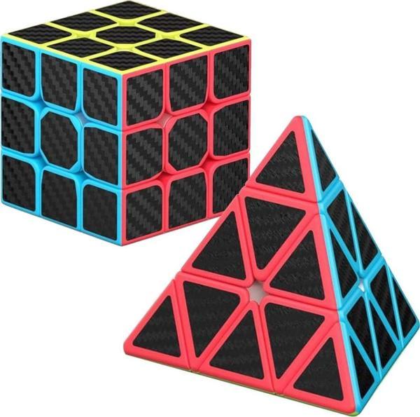 2SET PROFESSIONAL QY SPEED CORBON FİBER CUBE VIP 2LÜ SET PİRAMİT ZEKA KÜPÜ 3X3 ZEKA KÜPÜ RUBİKS CUBE - Image 1