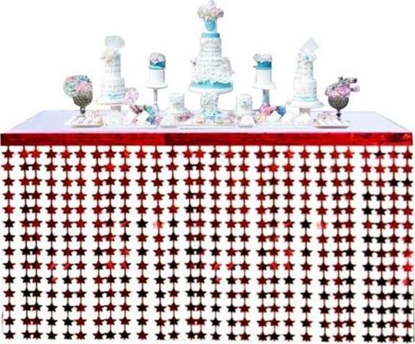 Püsküllü Işıltılı Metalize Kırmızı Yıldızlı Masa Eteği 75x360 cm - Image 1