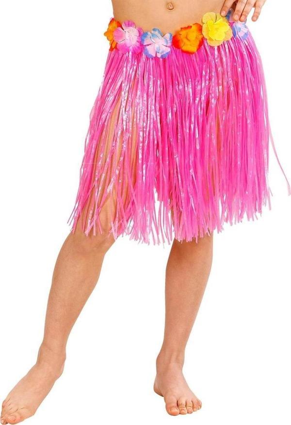 Yetişkin ve Çocuk Uyumlu Pembe Renk Püsküllü Hawaii Luau Hula Etek 40 cm - Image 1