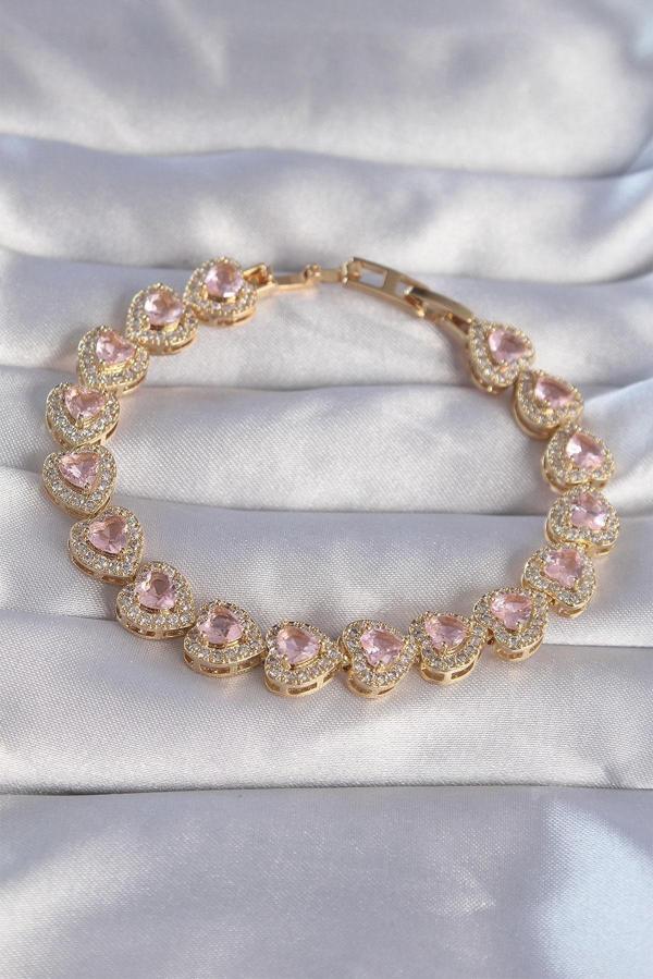 Vip Seri Pirinç Gold Renk Pembe Zirkon Taşlı Kalp Tasarımlı Bileklik - EBJ270706W25220 - Image 1