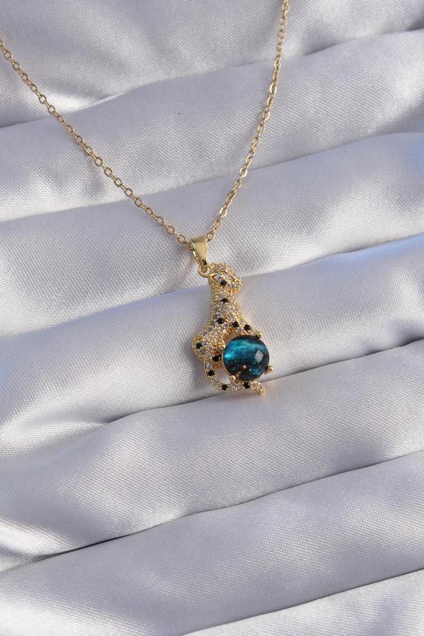 316L Çelik Zincir Gold Renk Zirkon Taşlı Panter Figürlü Gezegen Kolye - EBJ270706W25109 - Image 1