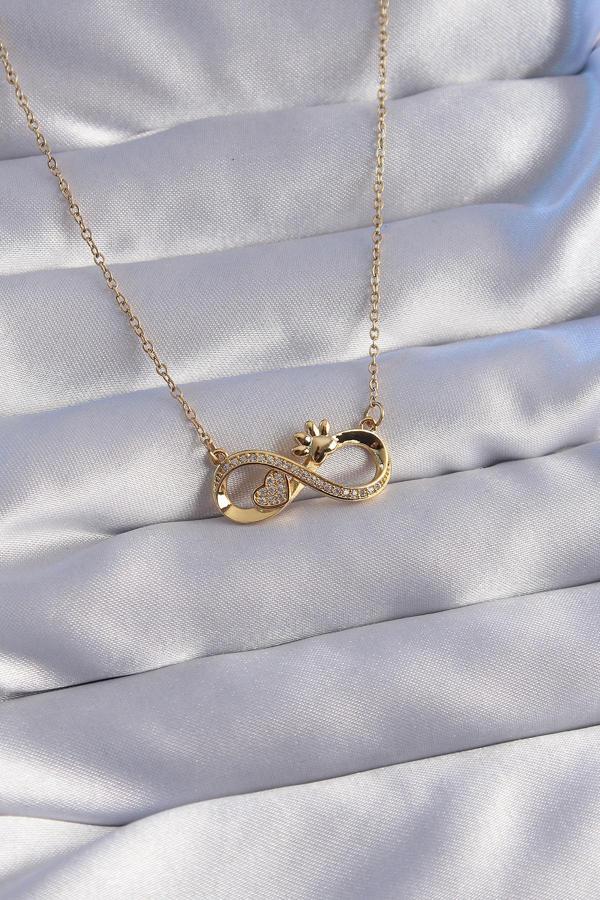 316L Çelik Zincir Gold Renk Zirkon Taşlı Pati ve Kalp Detaylı Sonsuzluk Kolye - EBJ270706W25108 - Image 1