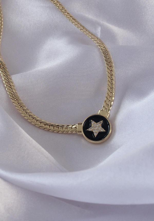 Pirinç Gold Renk Zirkon Taşlı Yıldız Model Siyah Mineli Ezme Zincirli Serenay Kolyesi - EBJ270706W25189 - Image 1