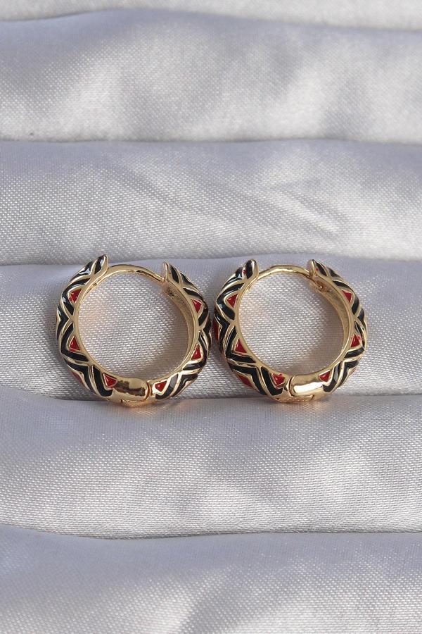 Pirinç Gold Renk Siyah Etnik Desenli Halka Küpe - EBJ270706W25235 - Image 1